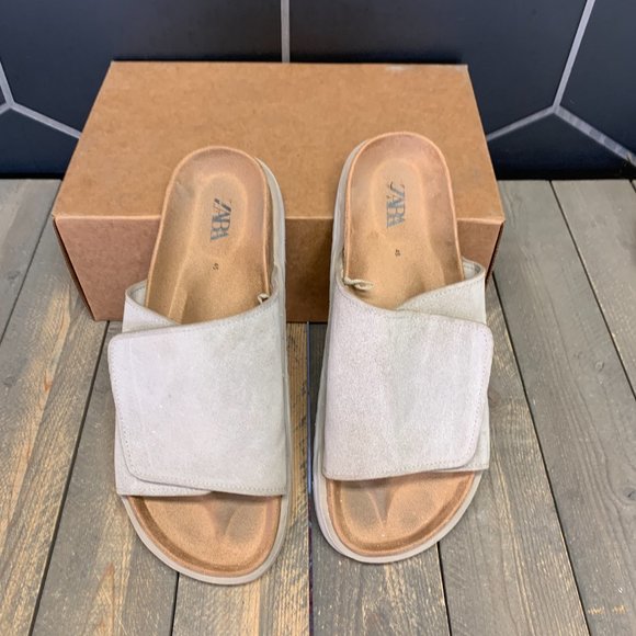 ~Used W/O Box! Zara Split Suede Leather Grey Sandals Slides Chunky Strap Size 12 - Picture 3 of 6